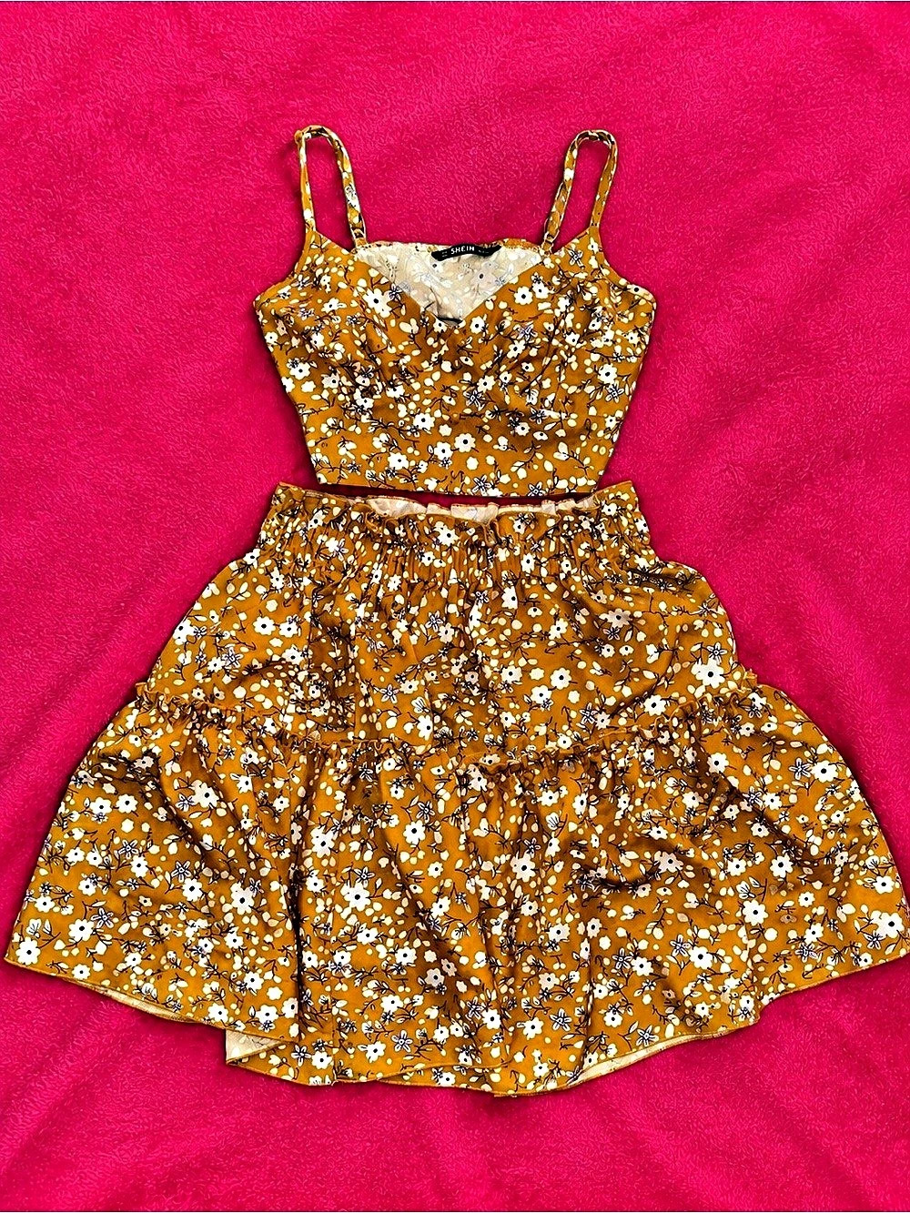 SHEIN Yellow Floral Cami Crop Top & Ruffle Skirt Set